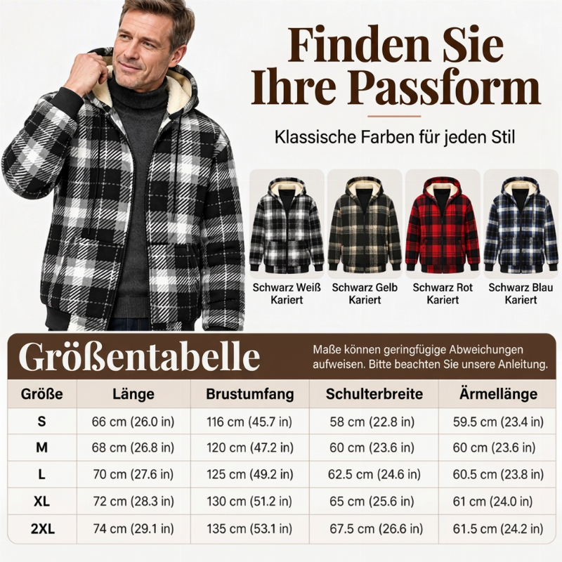 Warme karierte Herren Winterjacke mit Kapuze