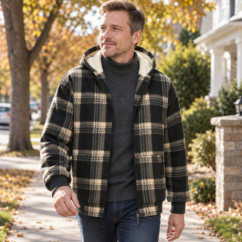 Warme karierte Herren Winterjacke mit Kapuze