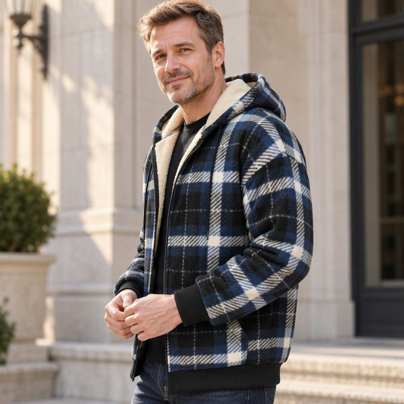 Warme karierte Herren Winterjacke mit Kapuze