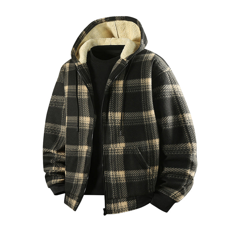 Warme karierte Herren Winterjacke mit Kapuze
