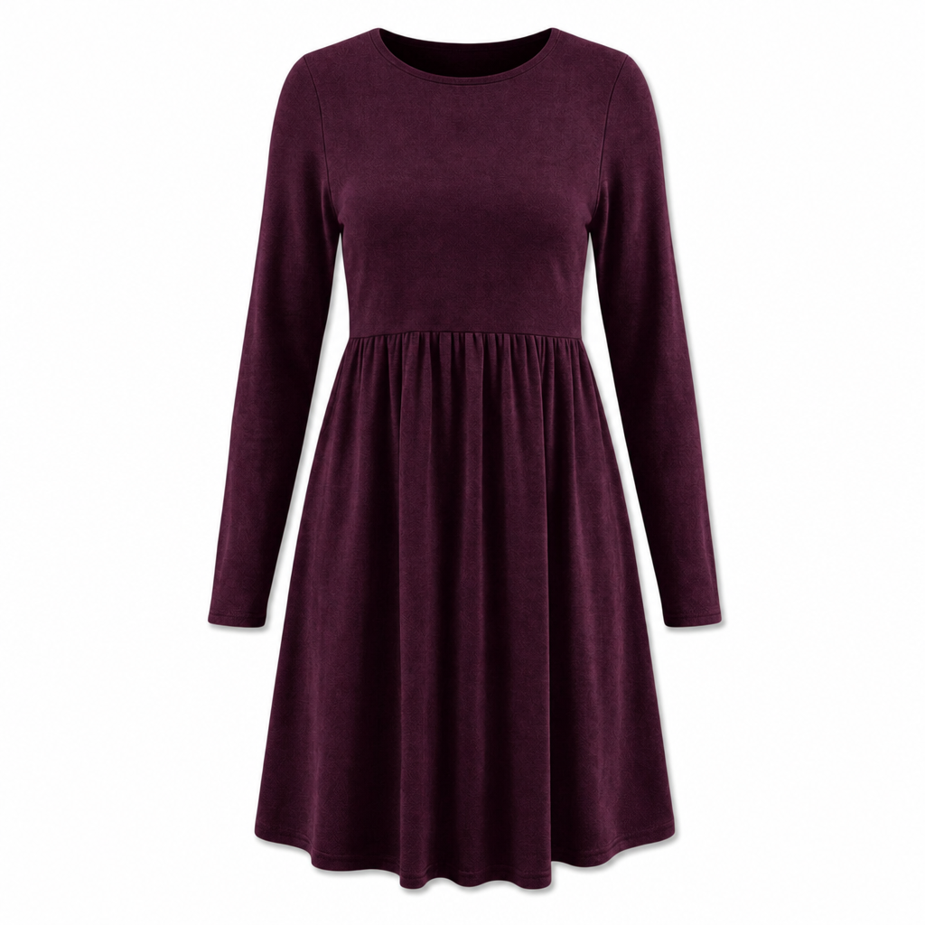 Lässiges, locker sitzendes Damenkleid mit langen Ärmeln, Rundhalsausschnitt und einfarbigem Design