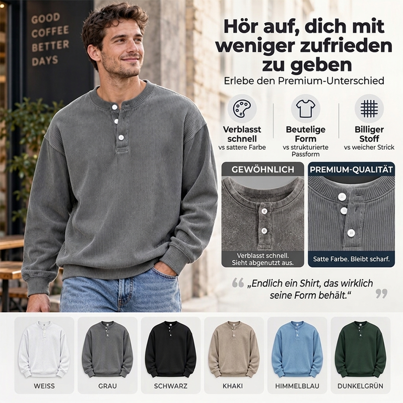 Lässiges Cord-Langarm-Henley-Shirt für Herren