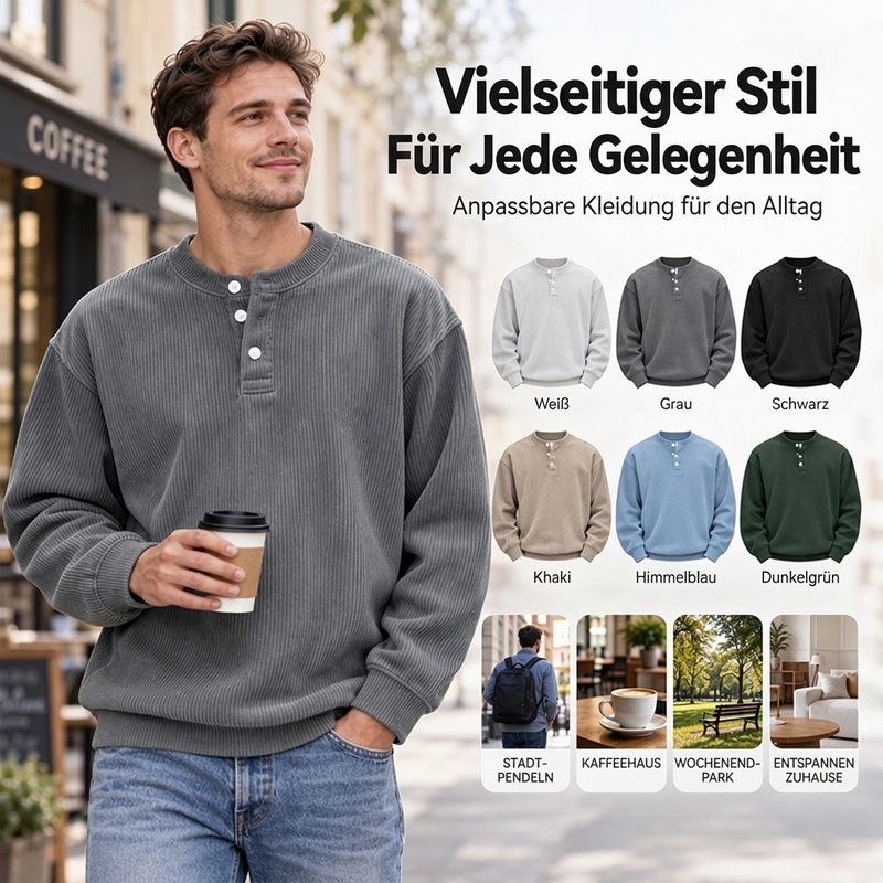 Lässiges Cord-Langarm-Henley-Shirt für Herren
