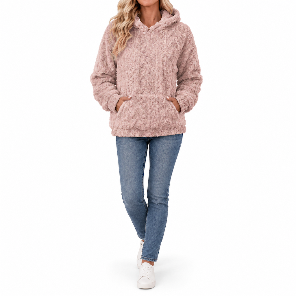 Damen Oversize-Pullover mit Jacquard-Muster, Kapuze und Plüschfutter für Herbst und Winter