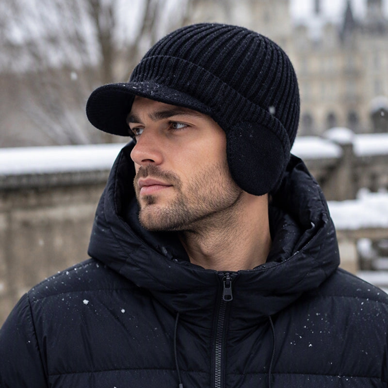 Winter-Strickmütze für Herren mit Schirm und Ohrenklappen