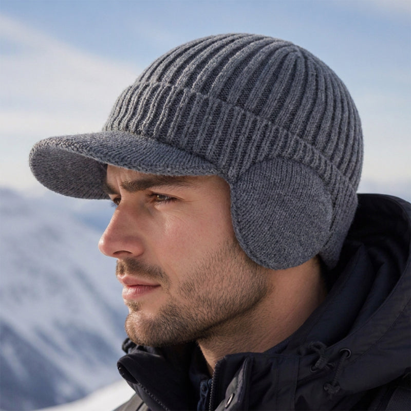 Winter-Strickmütze für Herren mit Schirm und Ohrenklappen