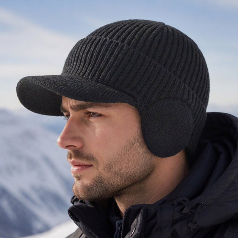 Winter-Strickmütze für Herren mit Schirm und Ohrenklappen
