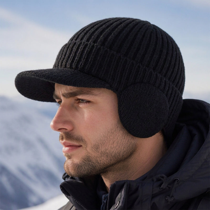 Winter-Strickmütze für Herren mit Schirm und Ohrenklappen