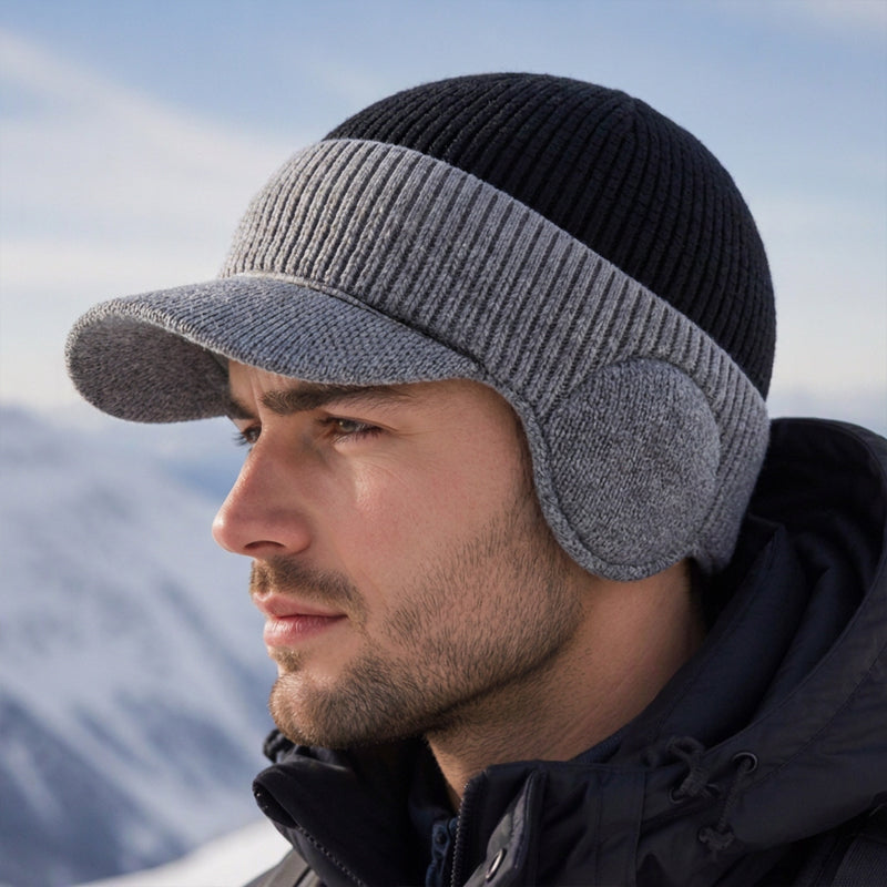 Winter-Strickmütze für Herren mit Schirm und Ohrenklappen
