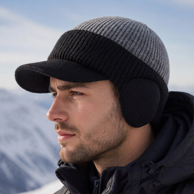 Winter-Strickmütze für Herren mit Schirm und Ohrenklappen