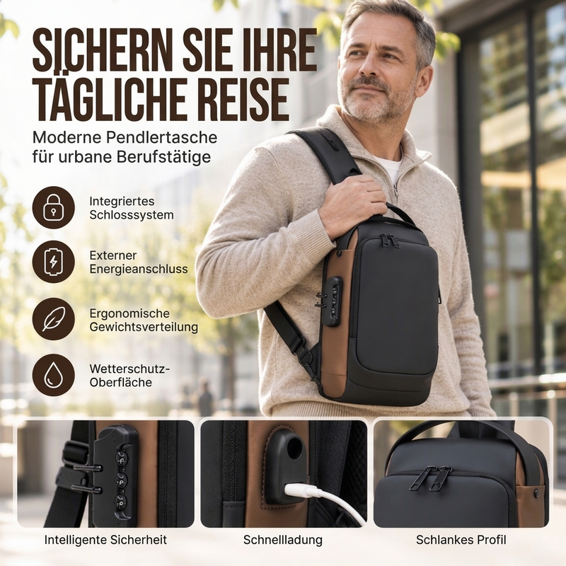 Diebstahlsichere Sling-Tasche mit USB-Ladeanschluss für Herren