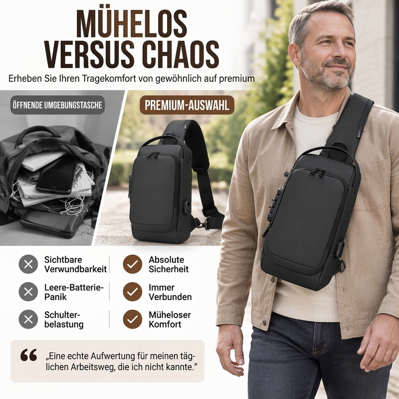 Diebstahlsichere Sling-Tasche mit USB-Ladeanschluss für Herren