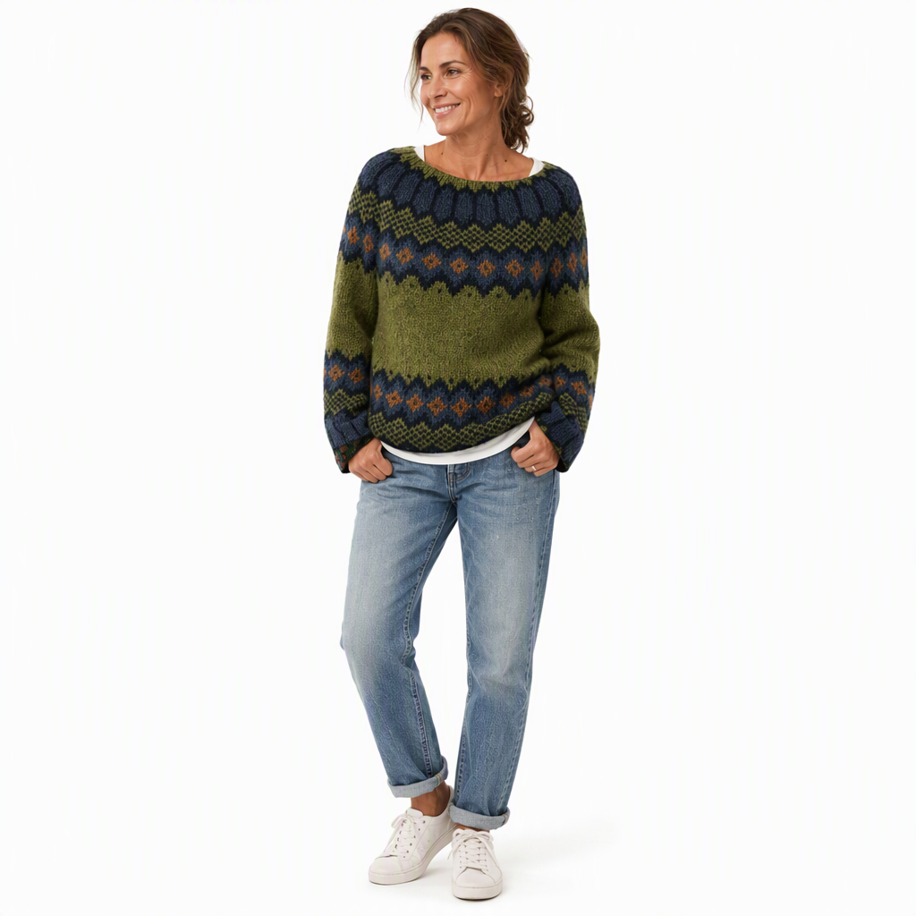 Locker sitzender Damen-Strickpullover mit Rundhalsausschnitt und Farbblock-Design