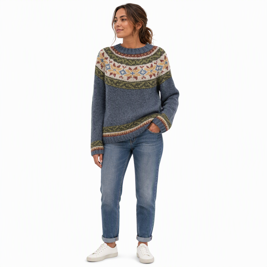 Locker sitzender Damen-Strickpullover mit Rundhalsausschnitt und Farbblock-Design