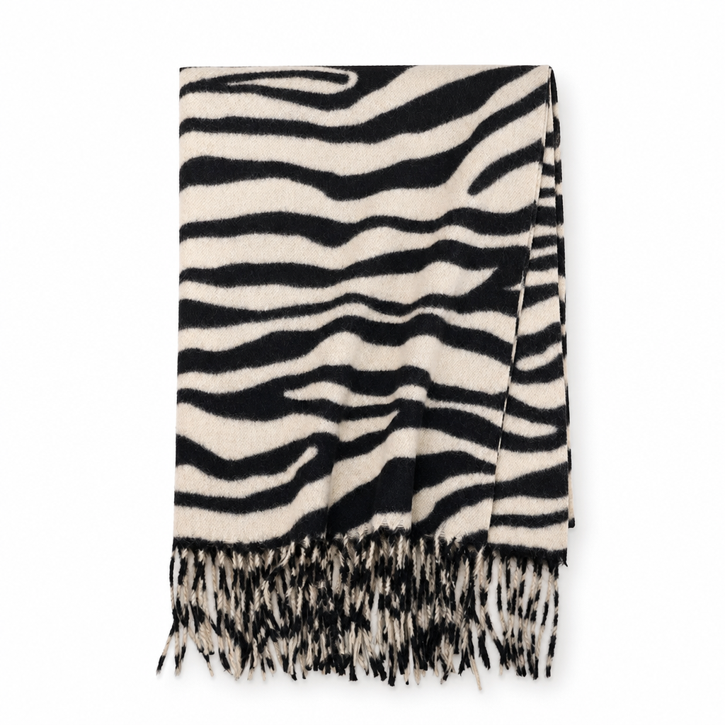 Damen Zebra Print Kunstkaschmir Schal, dicker warmer Winter Stola mit Fransen