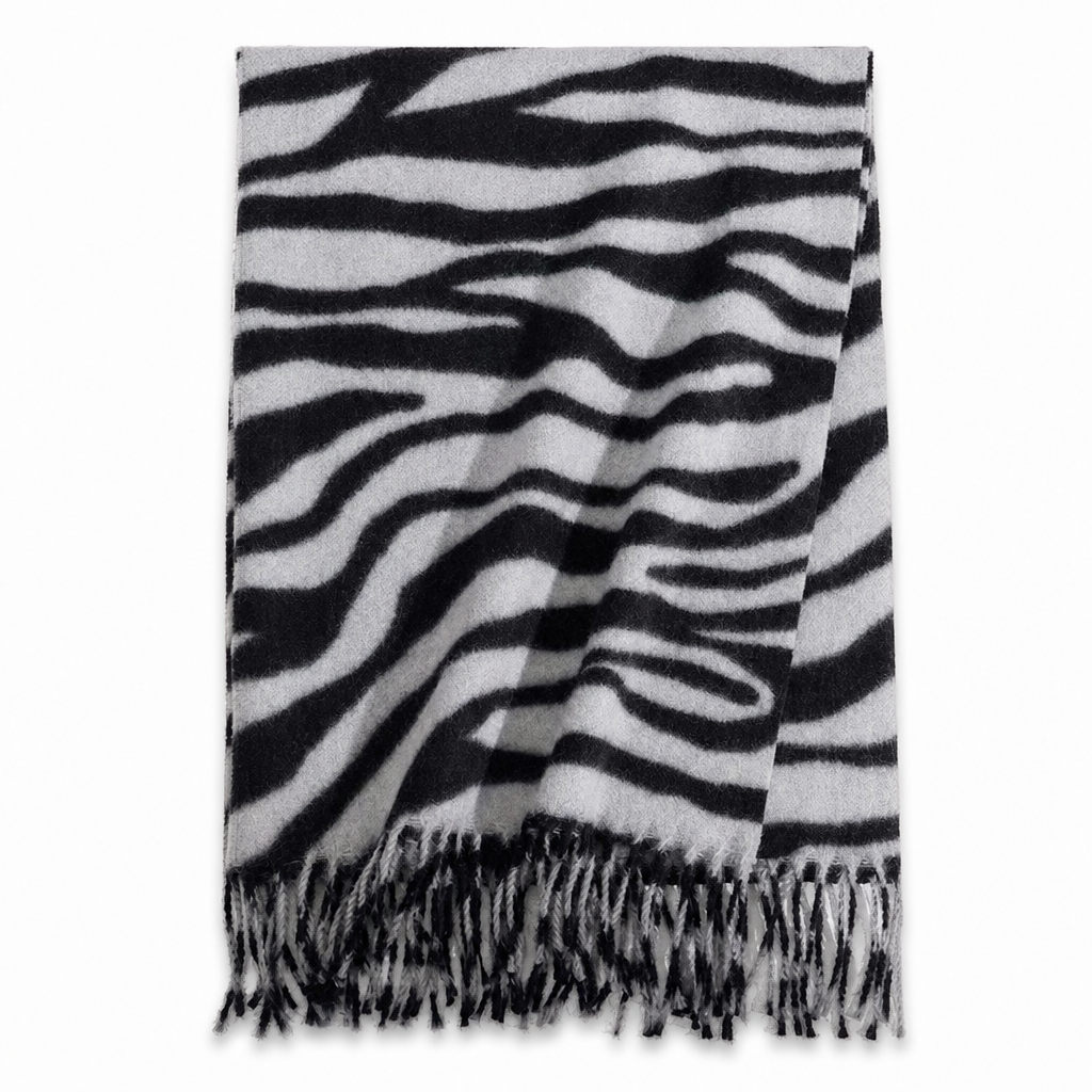 Damen Zebra Print Kunstkaschmir Schal, dicker warmer Winter Stola mit Fransen