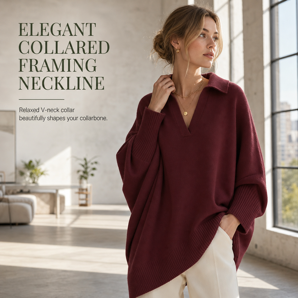 Locker geschnittener Damen-Strickpullover mit Kragen – lässiger, legerer Ein-Farben-Strickpullover mit langen Ärmeln