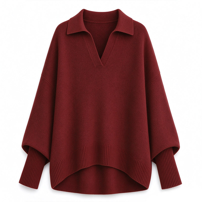 Locker geschnittener Damen-Strickpullover mit Kragen – lässiger, legerer Ein-Farben-Strickpullover mit langen Ärmeln