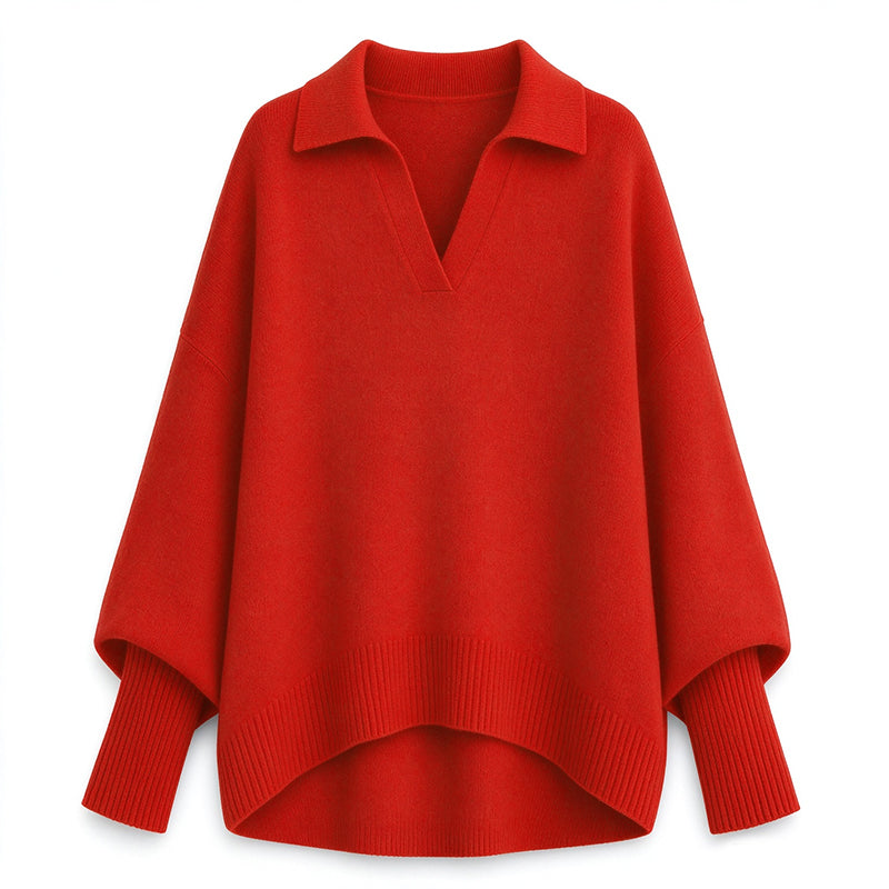 Locker geschnittener Damen-Strickpullover mit Kragen – lässiger, legerer Ein-Farben-Strickpullover mit langen Ärmeln