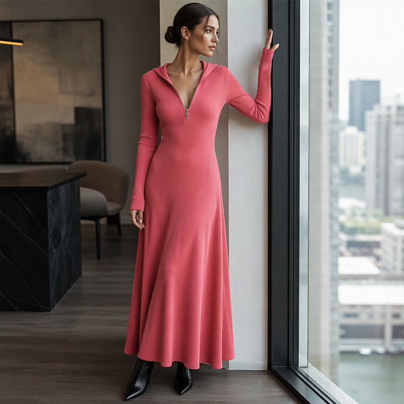 📢📢🎉✨Damen geripptes Kapuzen-Maxikleid