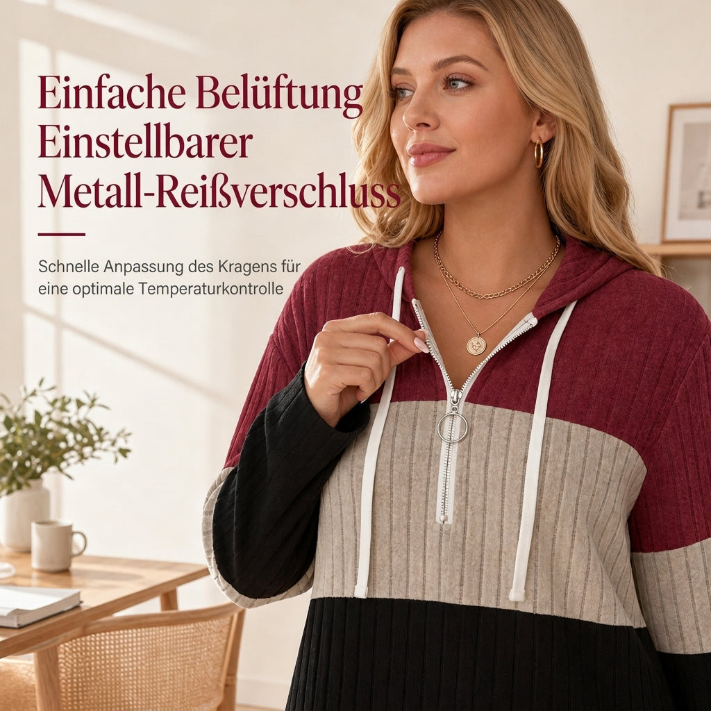 Damen Übergrößen Color Block Halbreißverschluss Kordelzug Kapuzen-Sweatshirt