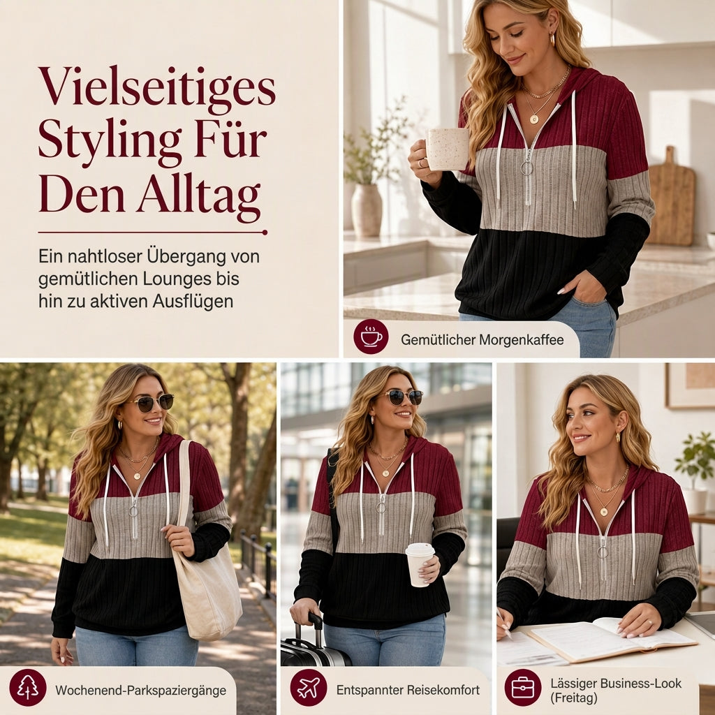 Damen Übergrößen Color Block Halbreißverschluss Kordelzug Kapuzen-Sweatshirt
