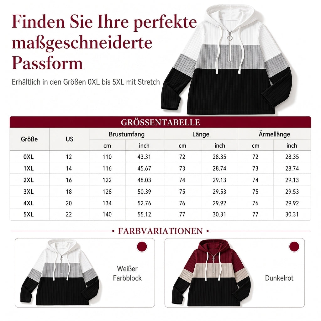Damen Übergrößen Color Block Halbreißverschluss Kordelzug Kapuzen-Sweatshirt