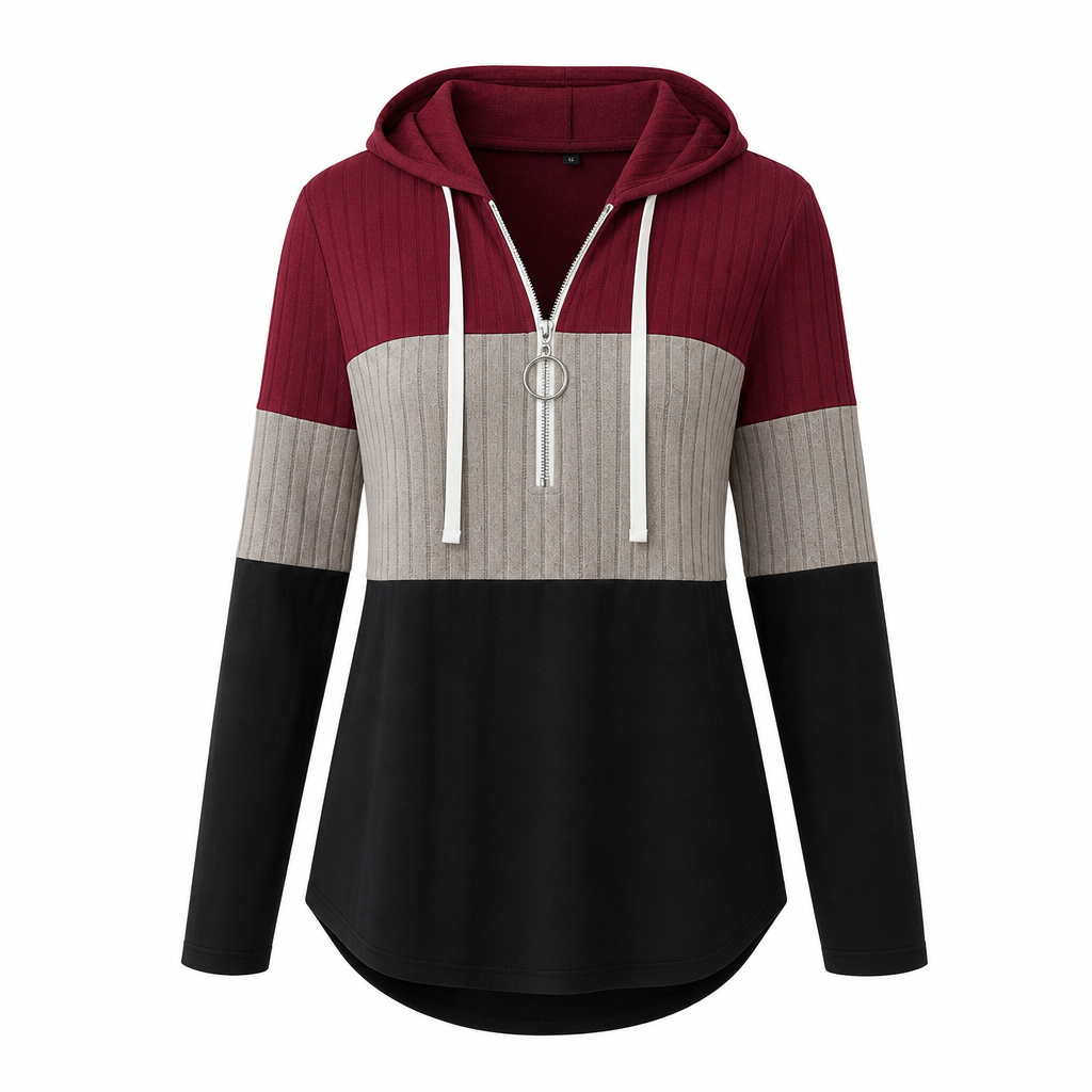Damen Übergrößen Color Block Halbreißverschluss Kordelzug Kapuzen-Sweatshirt