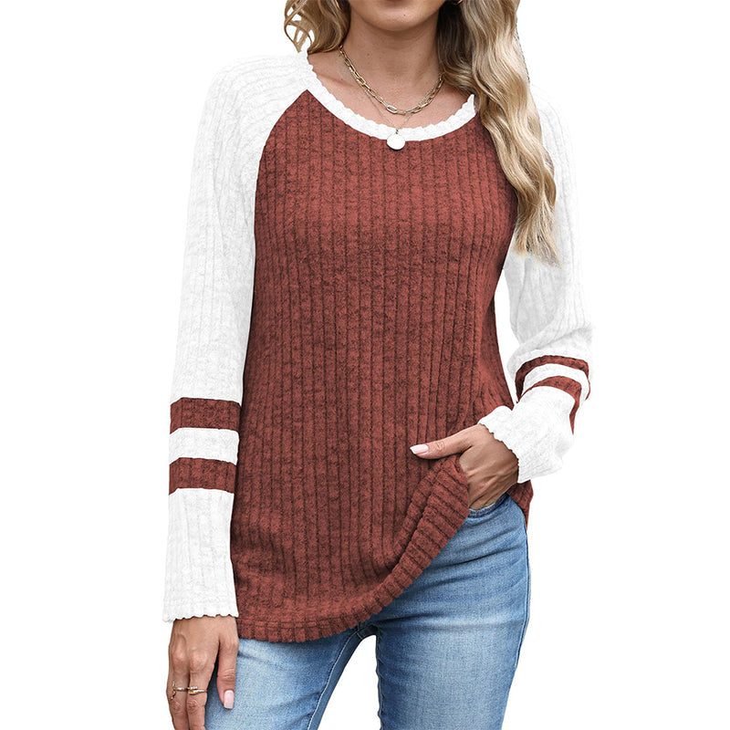Langarm-Rippstrickoberteil für Damen im Color-Block-Design