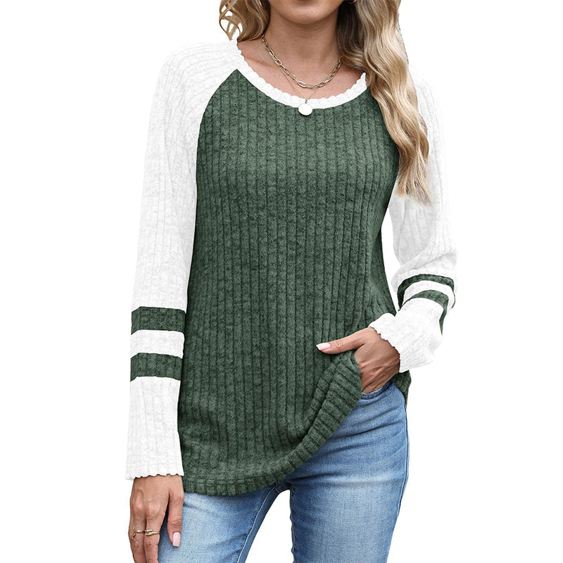 Langarm-Rippstrickoberteil für Damen im Color-Block-Design