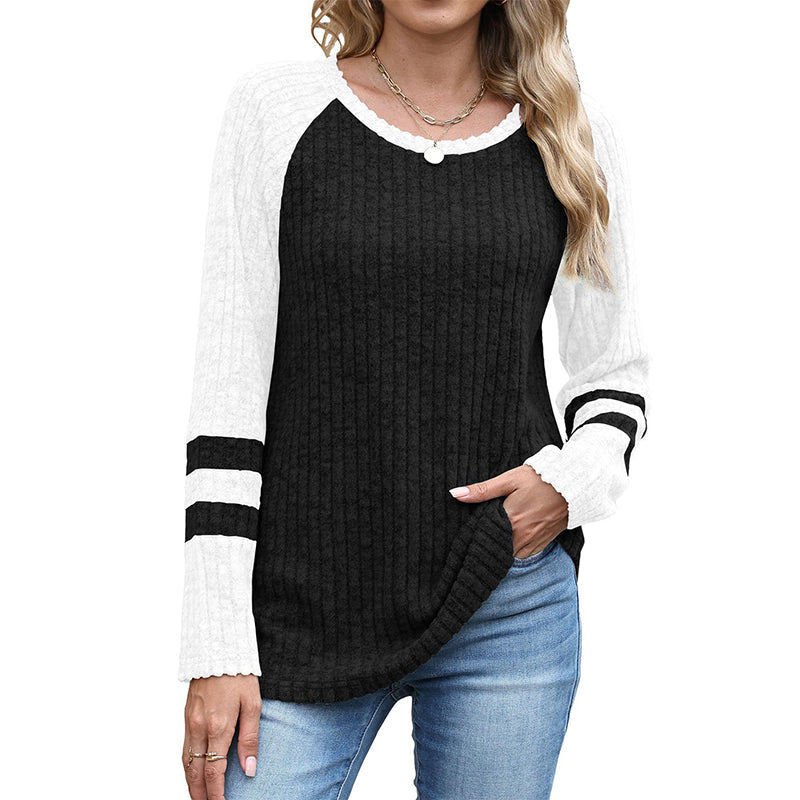 Langarm-Rippstrickoberteil für Damen im Color-Block-Design