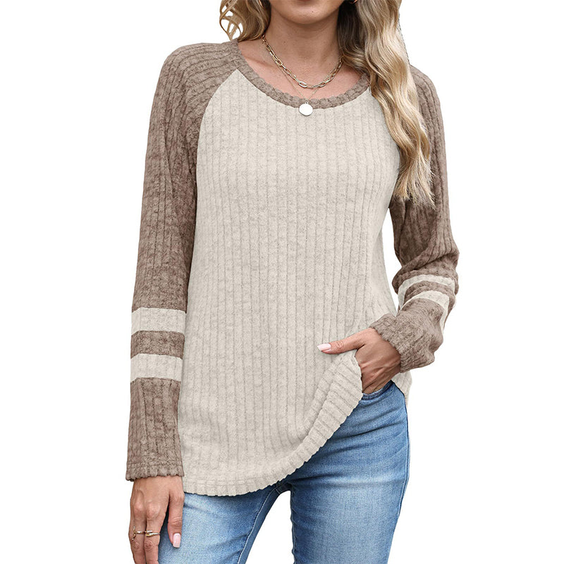 Langarm-Rippstrickoberteil für Damen im Color-Block-Design