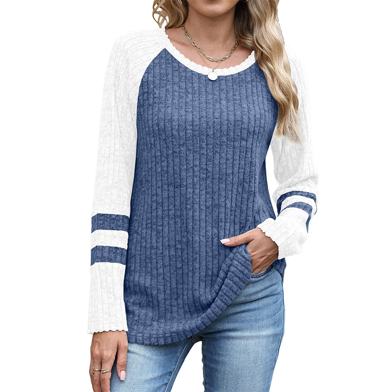 Langarm-Rippstrickoberteil für Damen im Color-Block-Design