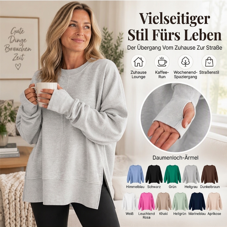 Damen Lockere Rundhalsausschnitt Sweatshirt mit Seitenschlitz