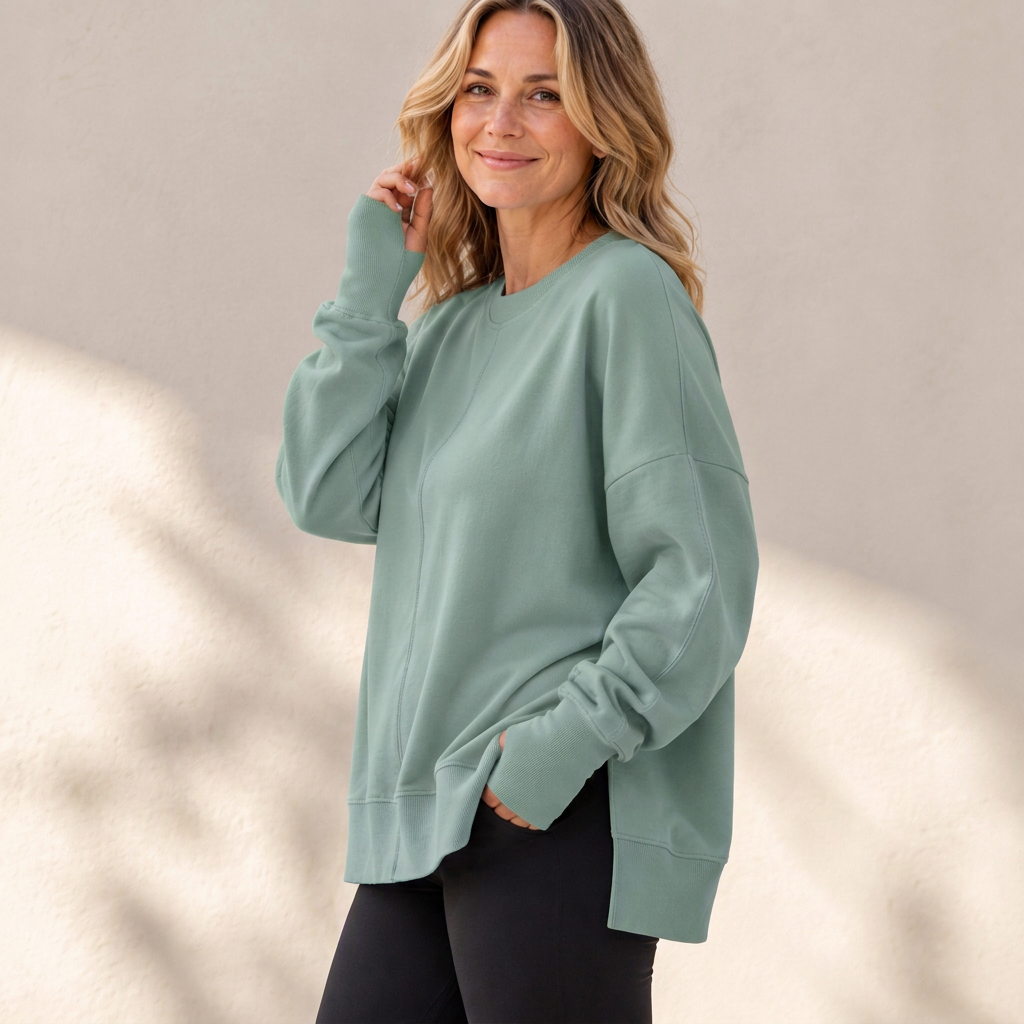 Damen Lockere Rundhalsausschnitt Sweatshirt mit Seitenschlitz