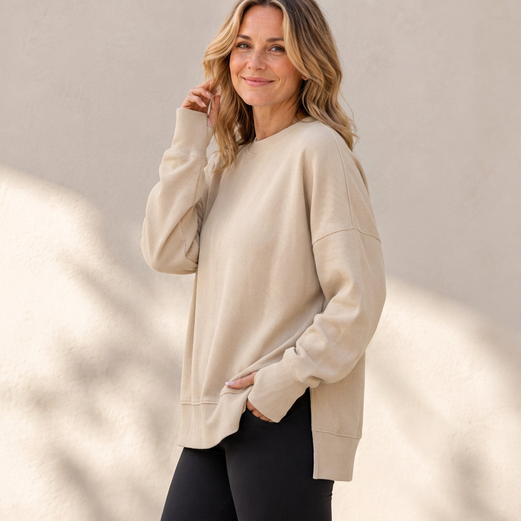 Damen Lockere Rundhalsausschnitt Sweatshirt mit Seitenschlitz