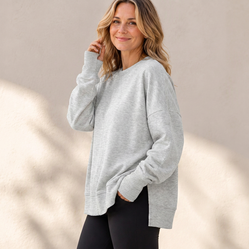Damen Lockere Rundhalsausschnitt Sweatshirt mit Seitenschlitz