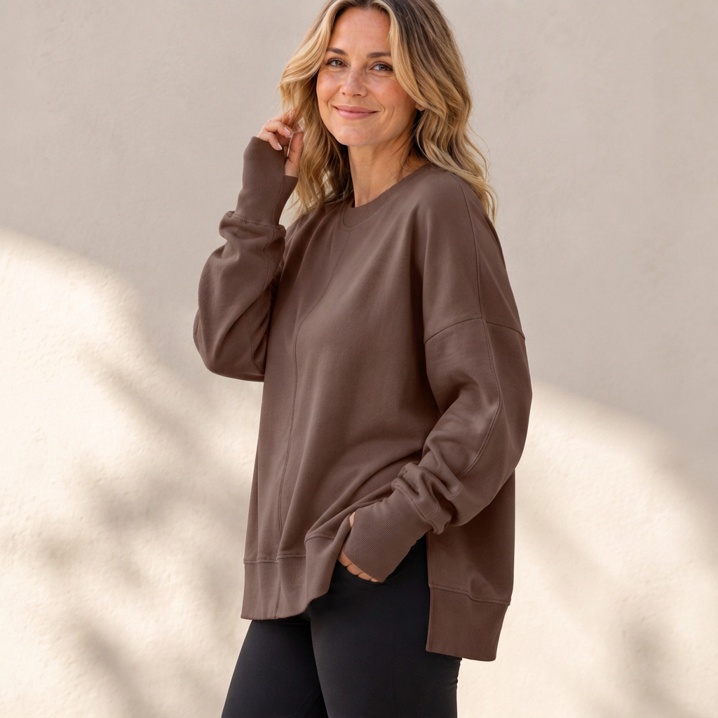 Damen Lockere Rundhalsausschnitt Sweatshirt mit Seitenschlitz