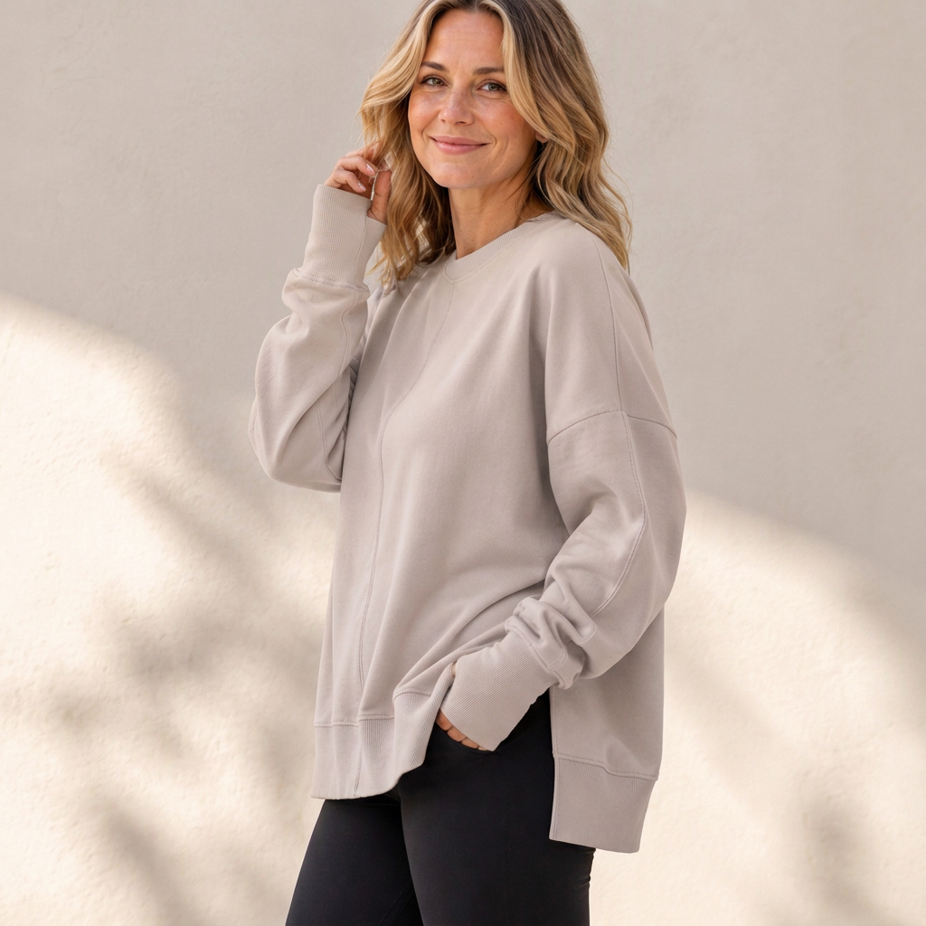 Damen Lockere Rundhalsausschnitt Sweatshirt mit Seitenschlitz