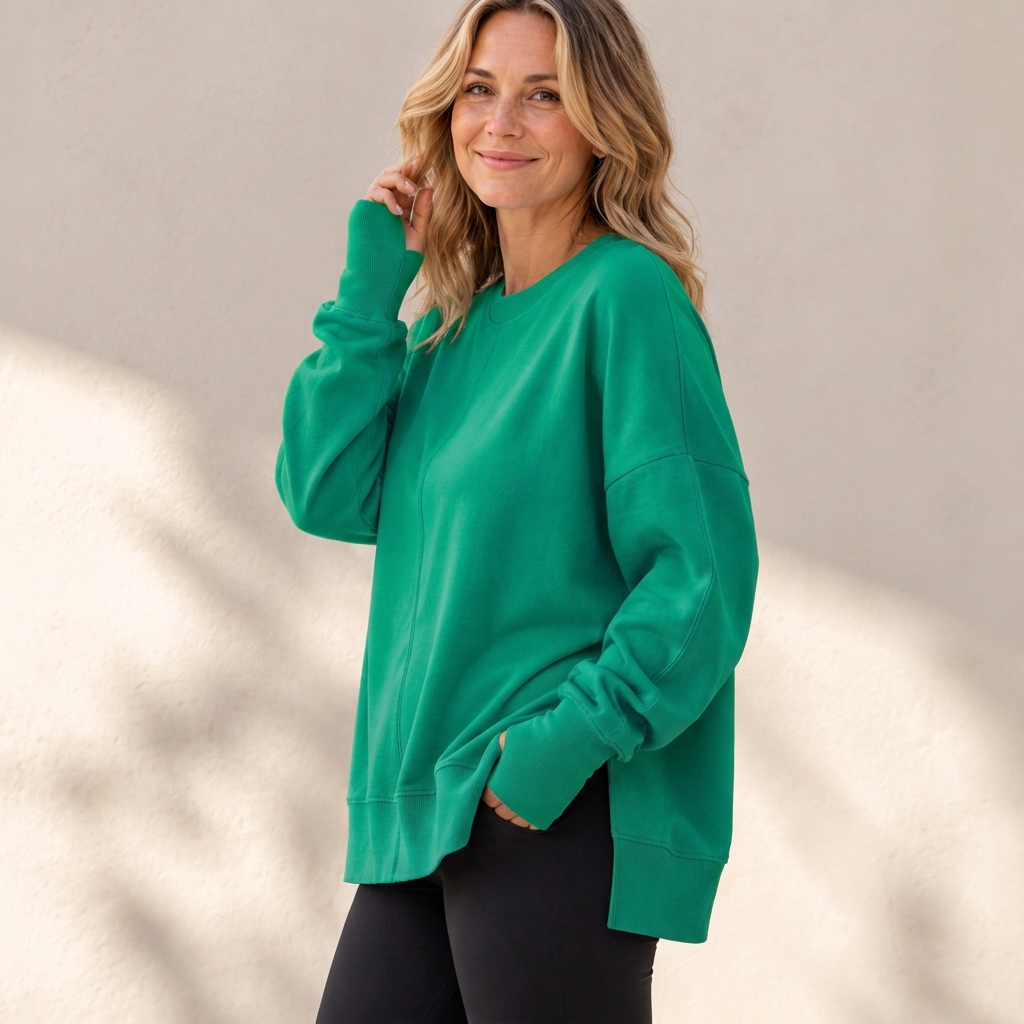 Damen Lockere Rundhalsausschnitt Sweatshirt mit Seitenschlitz