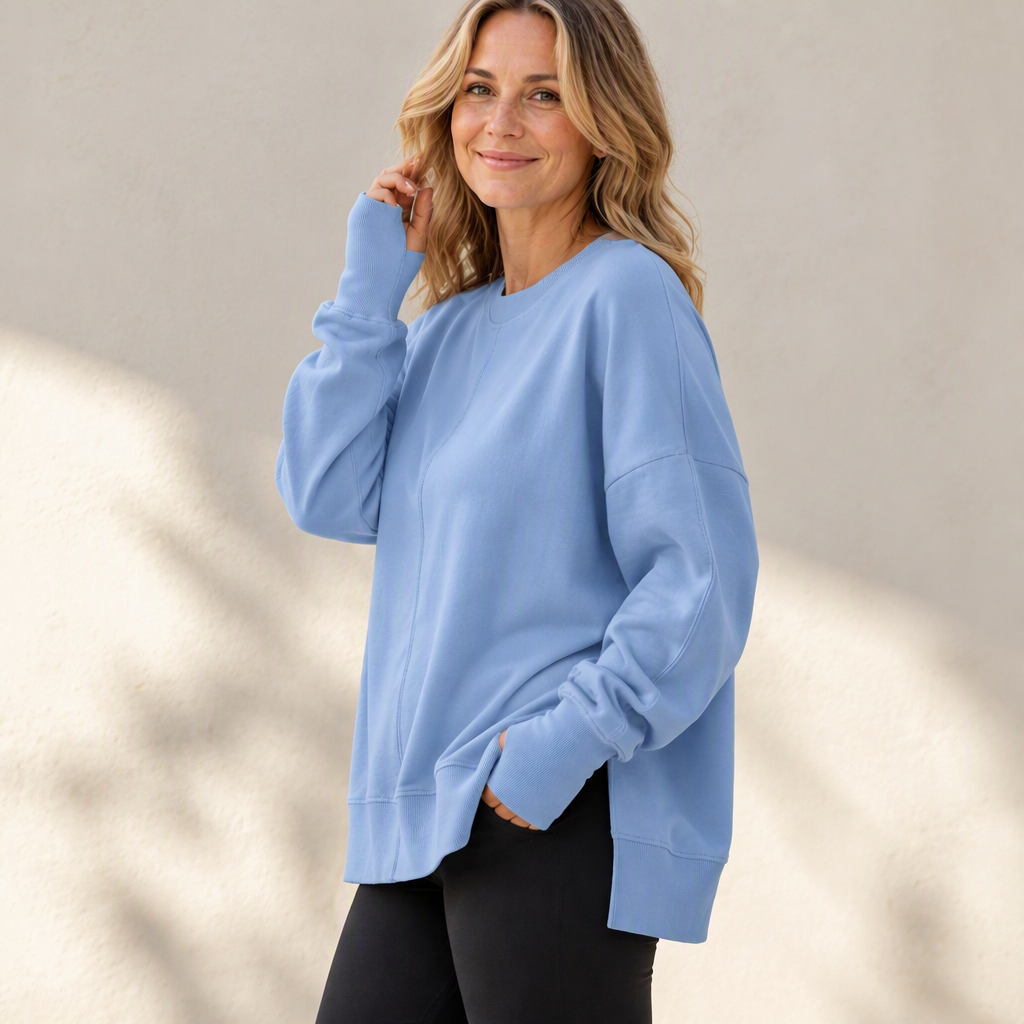 Damen Lockere Rundhalsausschnitt Sweatshirt mit Seitenschlitz