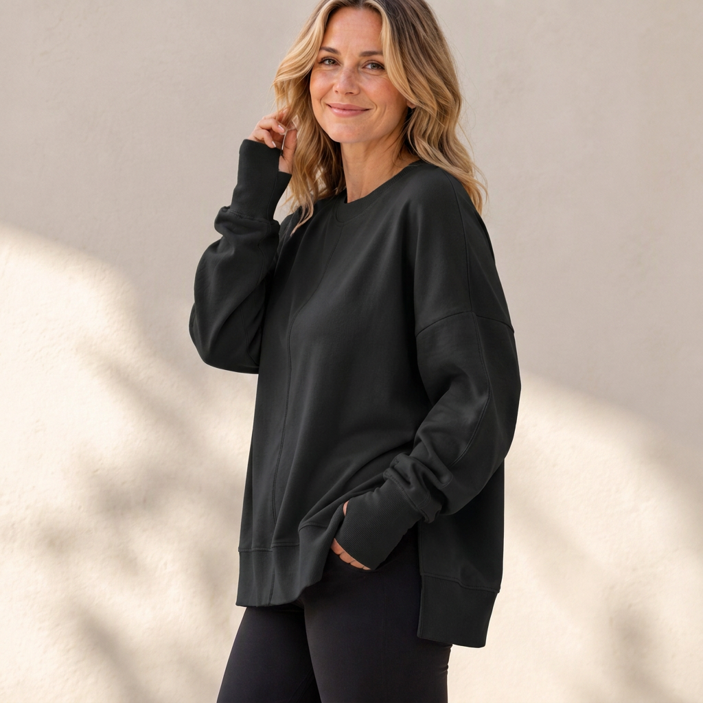 Damen Lockere Rundhalsausschnitt Sweatshirt mit Seitenschlitz
