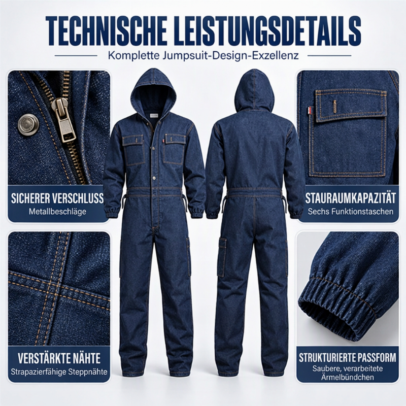 🌟🌟 Langlebige Herren-Denim-Arbeitskombi mit Kapuze